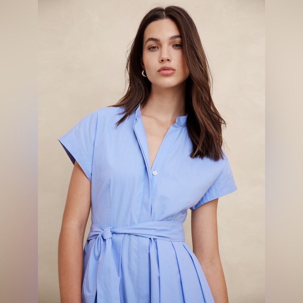 Banana Republic Poplin Short Sleeve Tie Waist Shirt Blue Work Midi Dress - Picture 2 of 9
